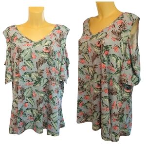 🌹3/15🌹ALLEGRACE Blue Pink Brown Tropical Print Cold Shoulder Tunic Top